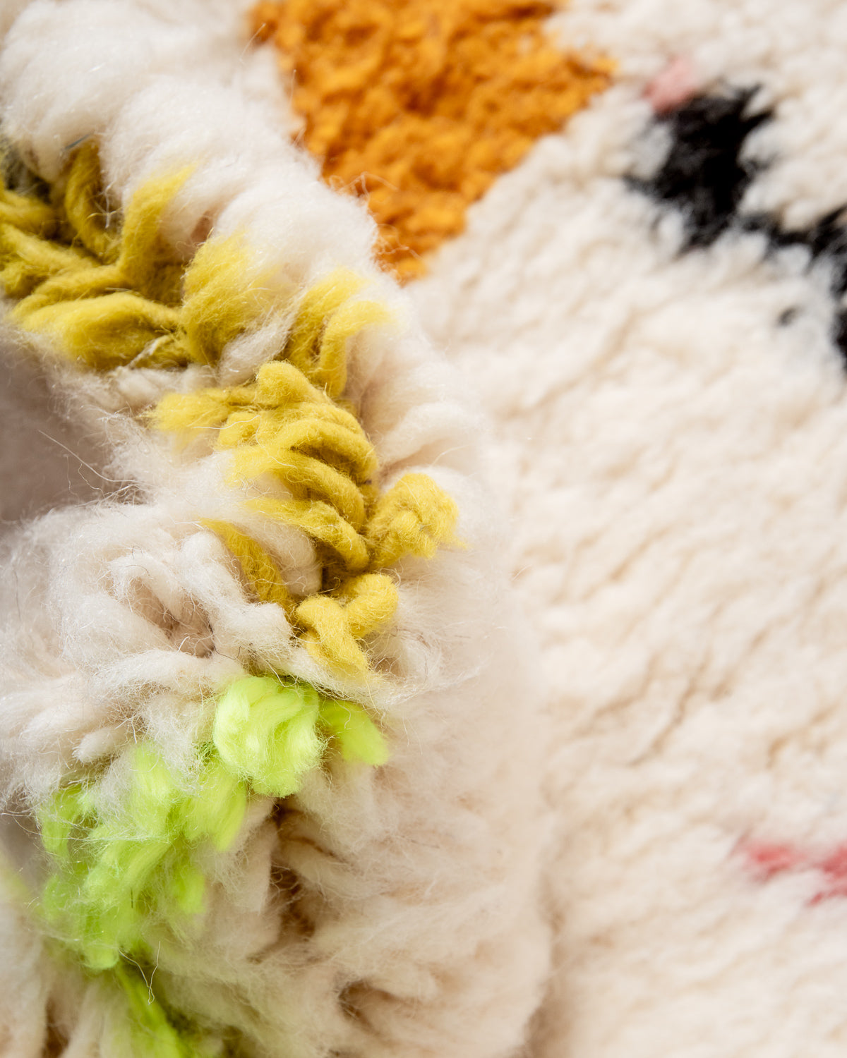 Modern, designer, handcrafted Berber rug from Morocco. Beniourain carpet with beautiful colours and patterns and fluffy wool texture.